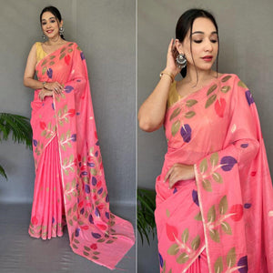Gajari Pink Floral Woven Cotton Saree