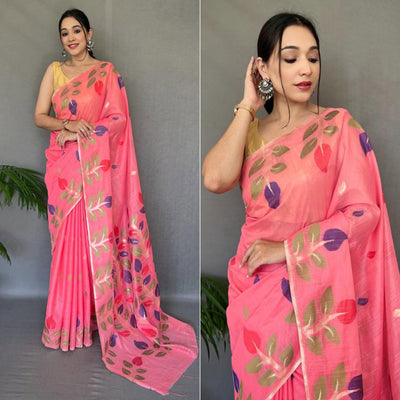 Gajari Pink Floral Woven Cotton Saree