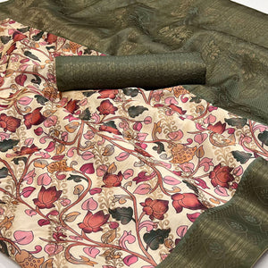 Cream Digital Printed Cotton Silk Saree