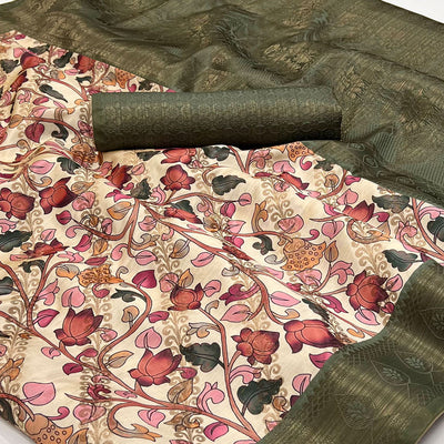 Cream Digital Printed Cotton Silk Saree