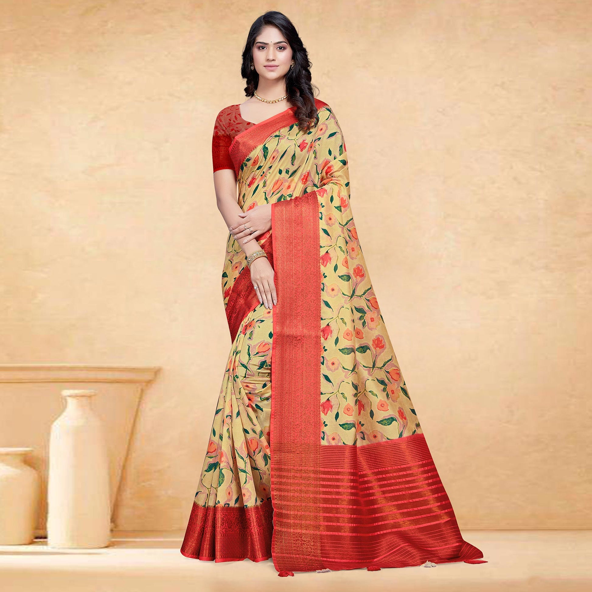 Light Yellow Floral Digital Printed Tussar Silk Saree