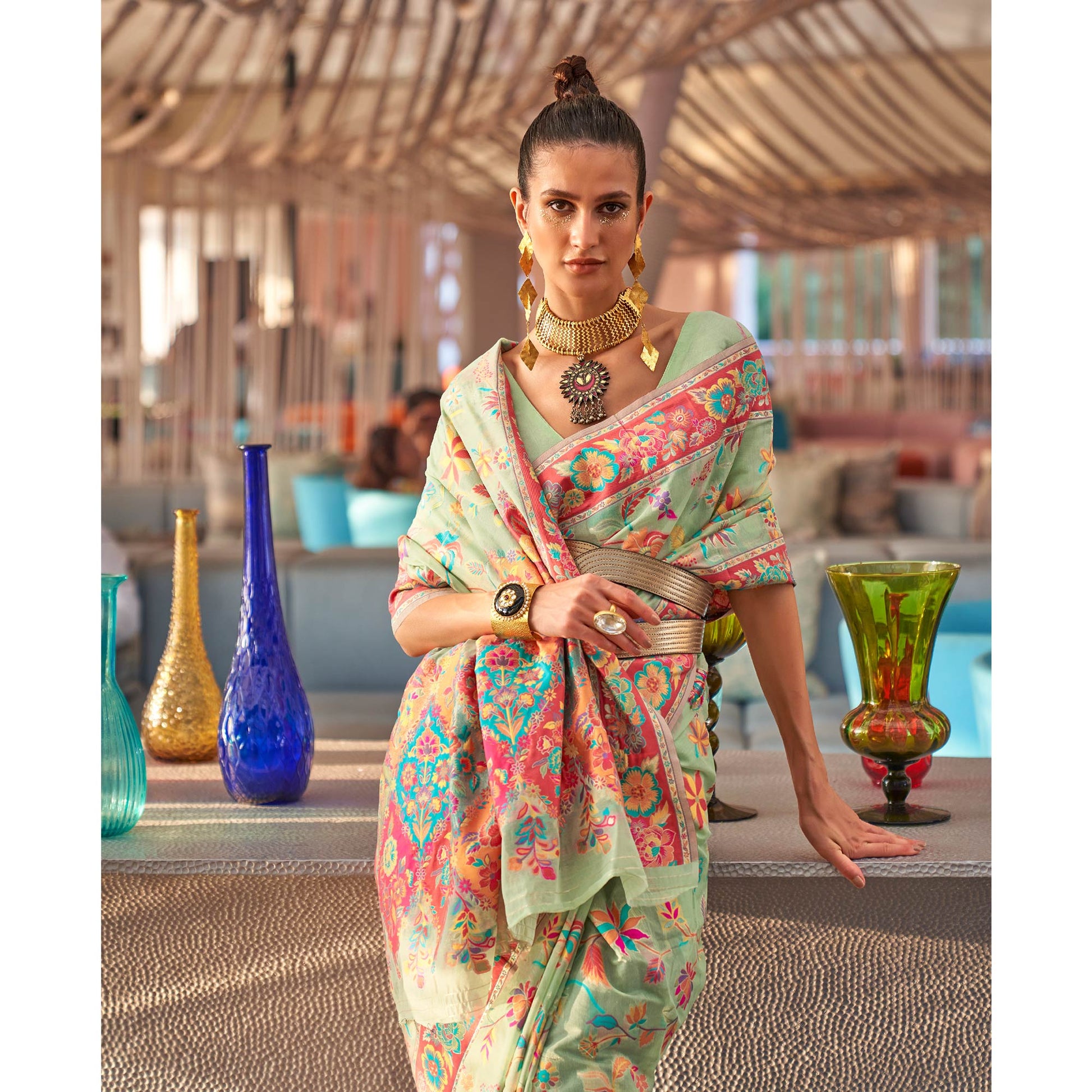 green-floral-woven-modal-saree