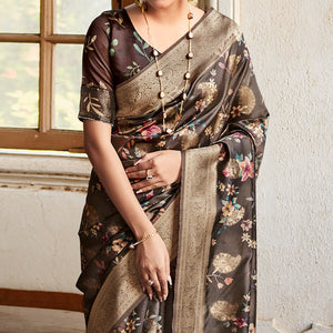 Brown Woven With Floral Printed Art Silk Saree