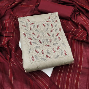 Cream Floral Embroidered Cotton Silk Dress Material