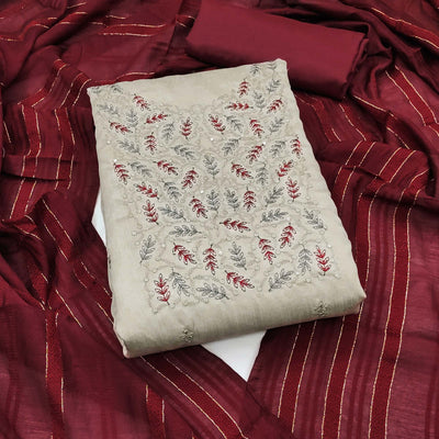 Cream Floral Embroidered Cotton Silk Dress Material