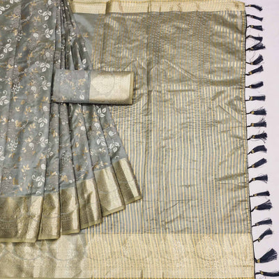 Grey Woven Organza Saree With Tassels