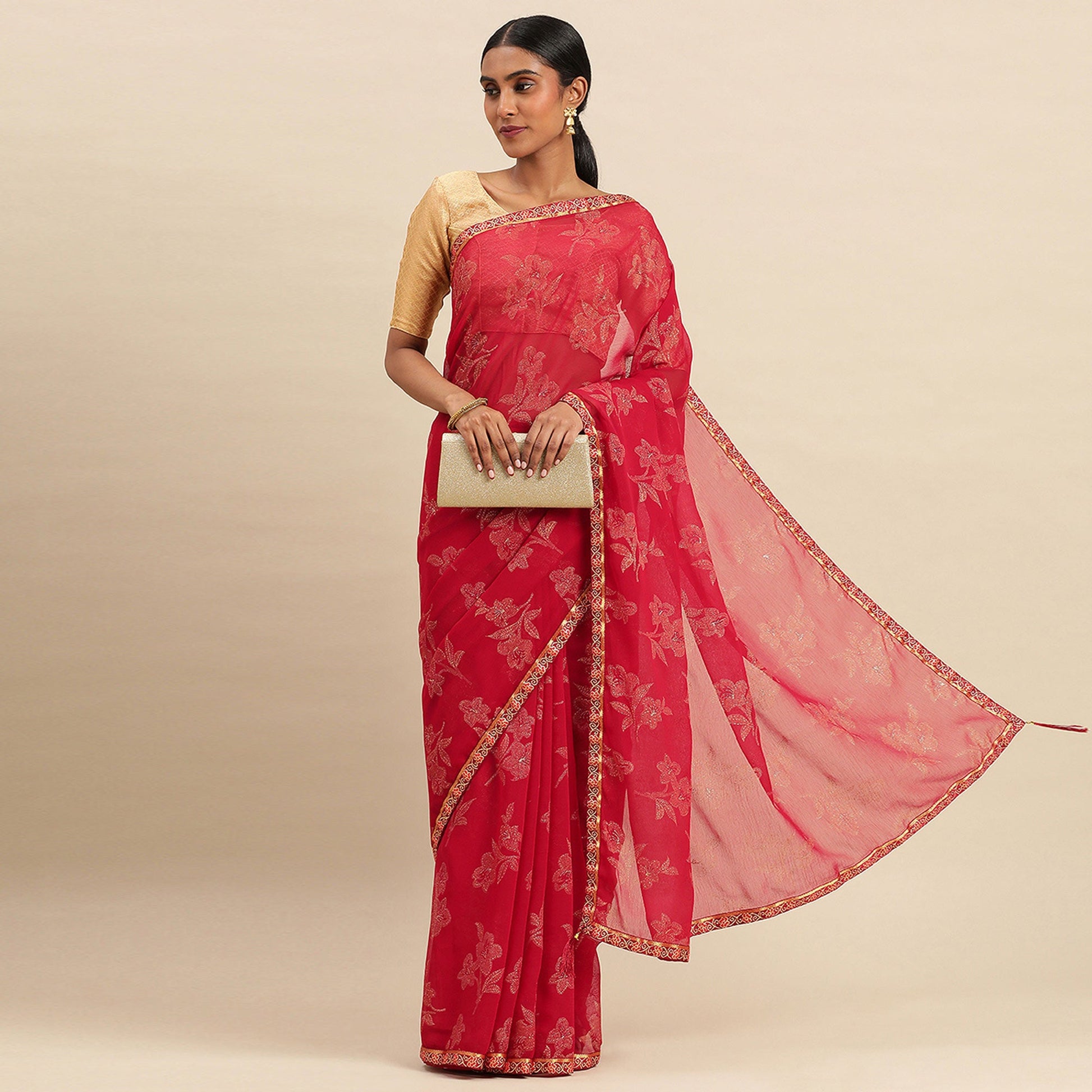 Maroon Floral Foil Printed Zomato Saree