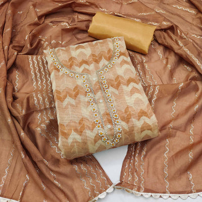Brown Printed With Handwork Modal Dress Material