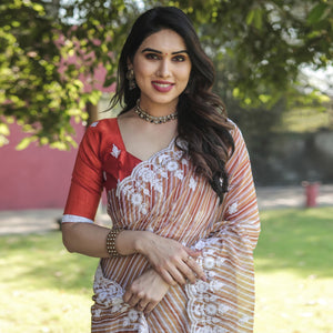 Brown Digital Printed With Embroidered Organza Saree