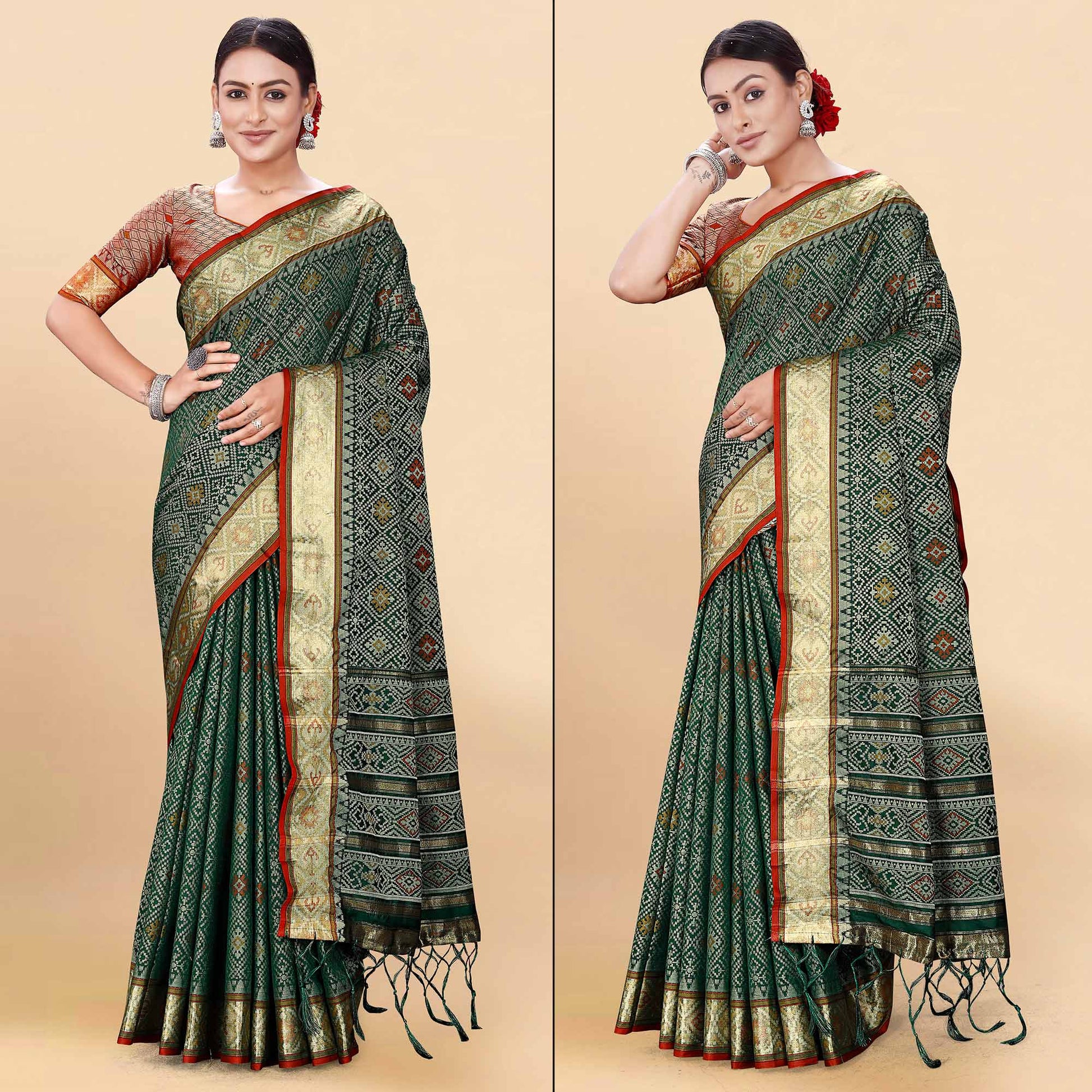 green-woven-patola-art-silk-saree-with-tassels-4