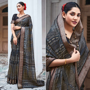 Grey Printed With Woven Border Cotton Saree
