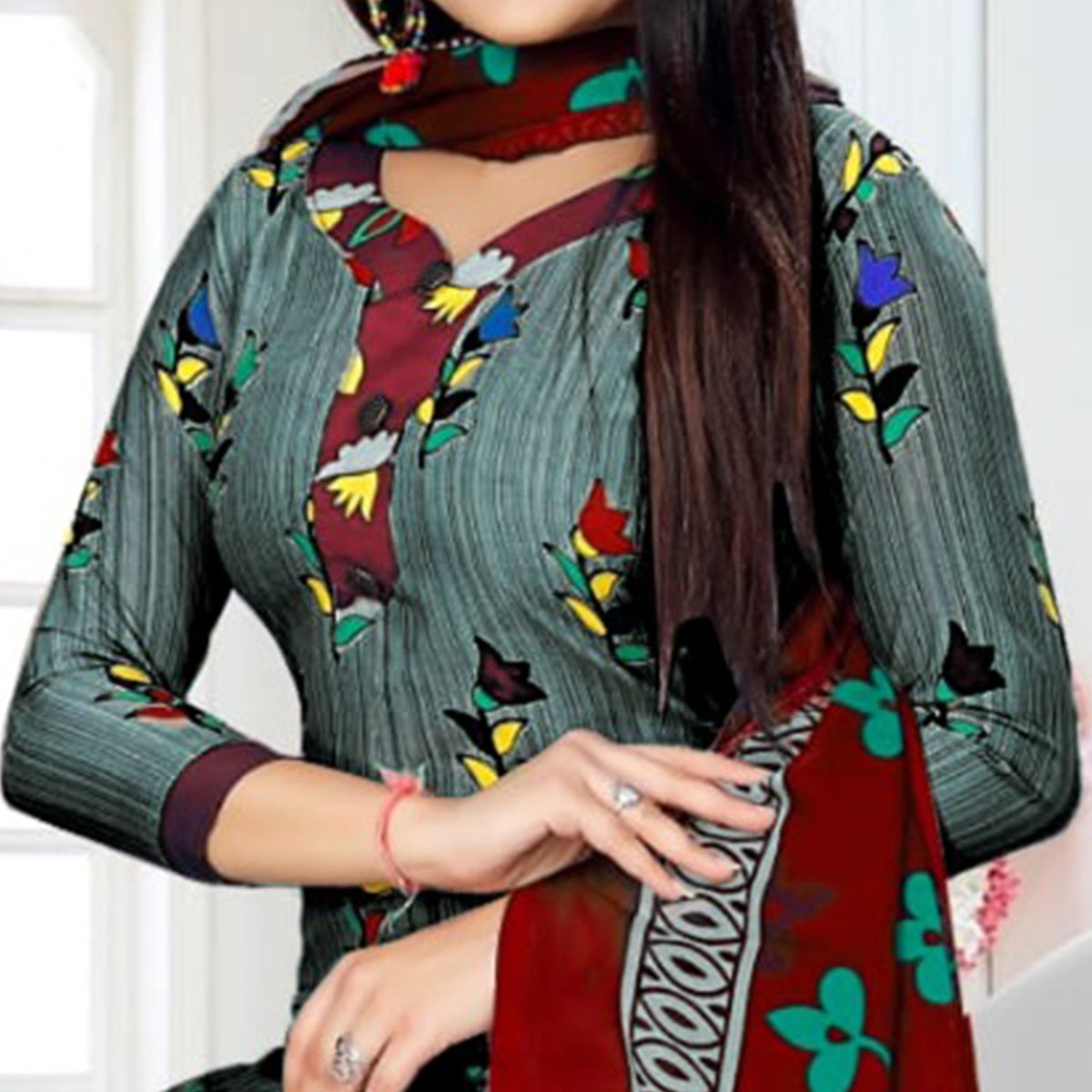 Grey Printed Crepe Patiala Dress Material
