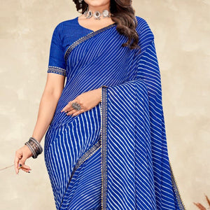 Blue Striped Printed Chiffon Saree