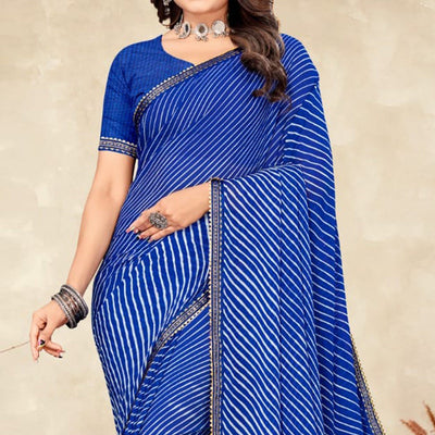 Blue Striped Printed Chiffon Saree