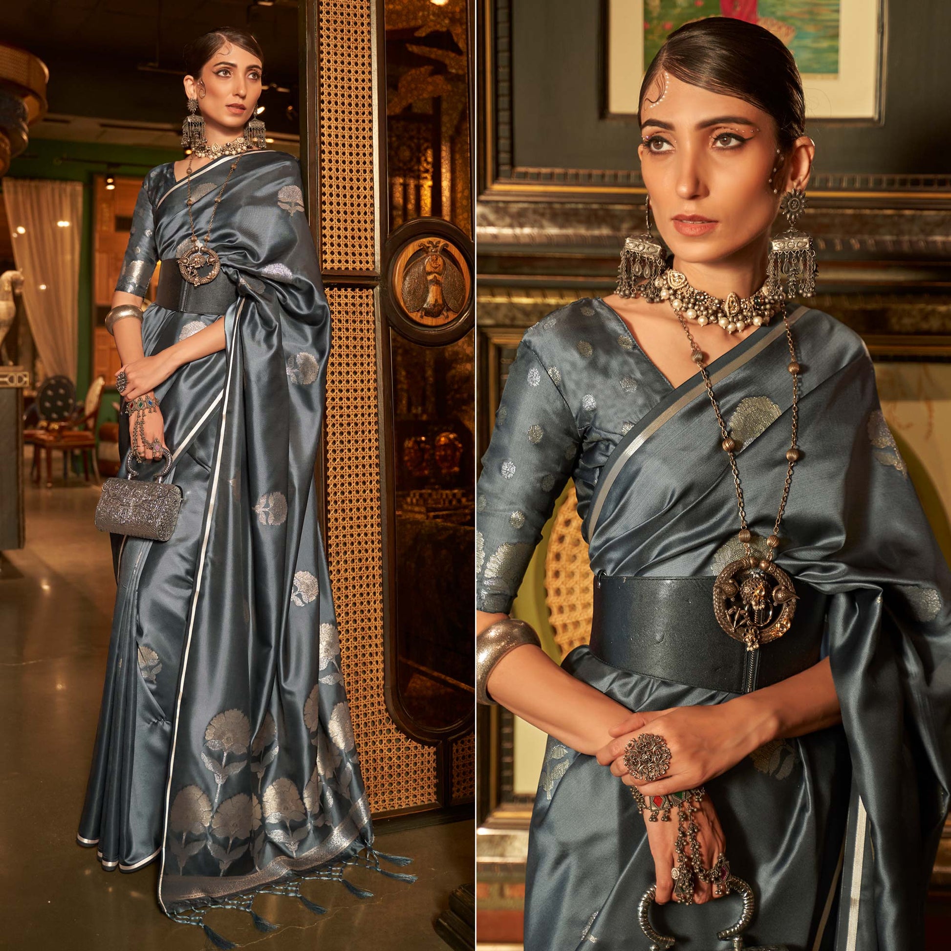 grey-floral-woven-satin-saree-with-tassels