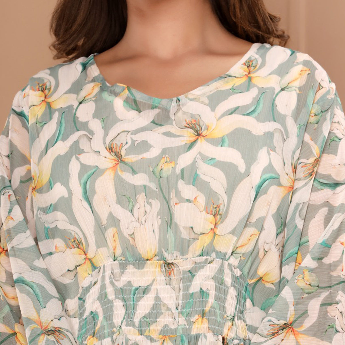 green-floral-printed-chiffon-dress