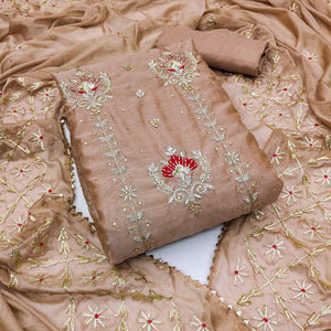 Brown Sequins Embroidered Modal Dress Material