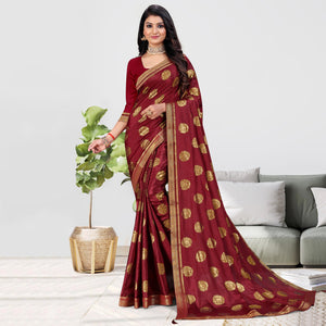 Maroon Foil Printed Chiffon Saree