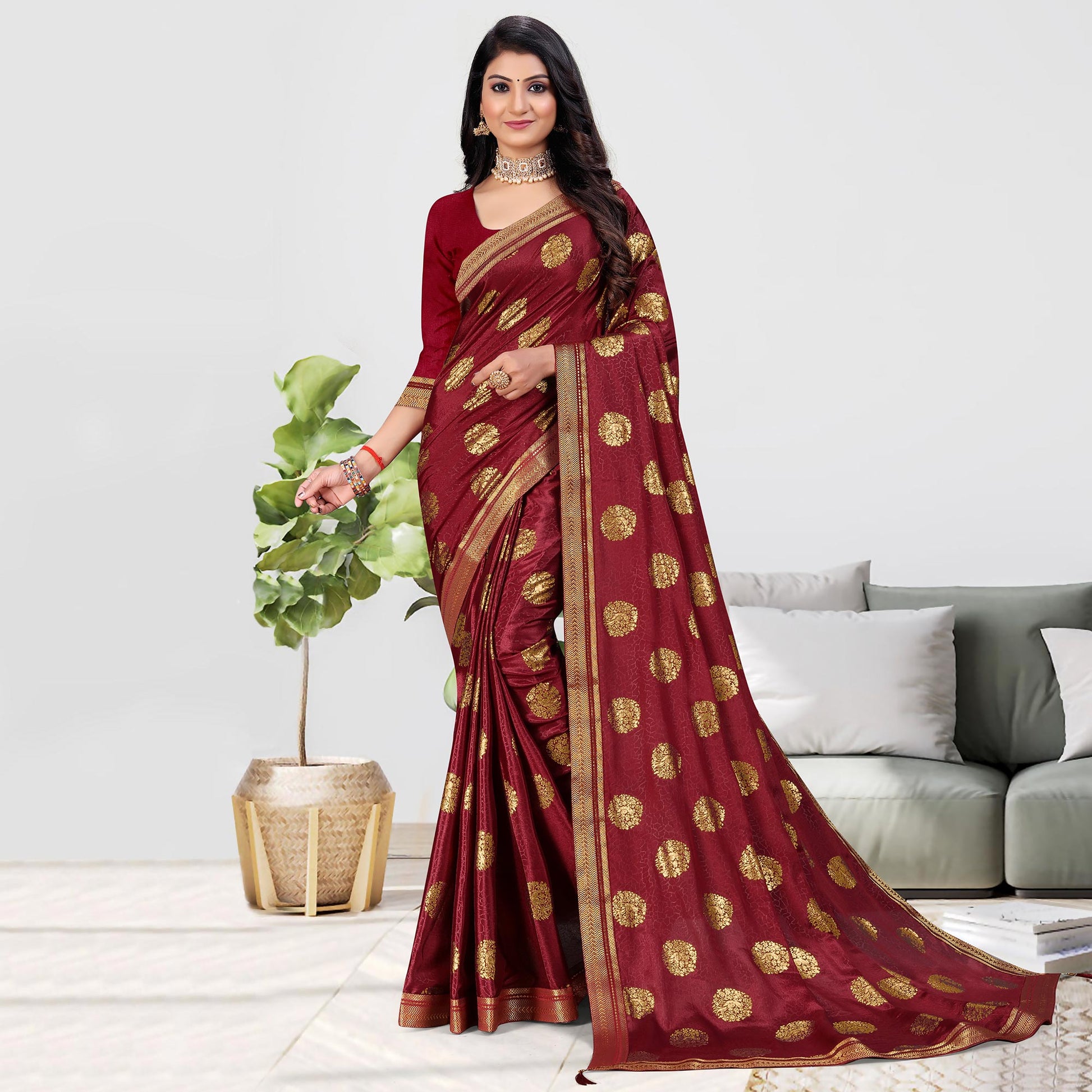 Maroon Foil Printed Chiffon Saree