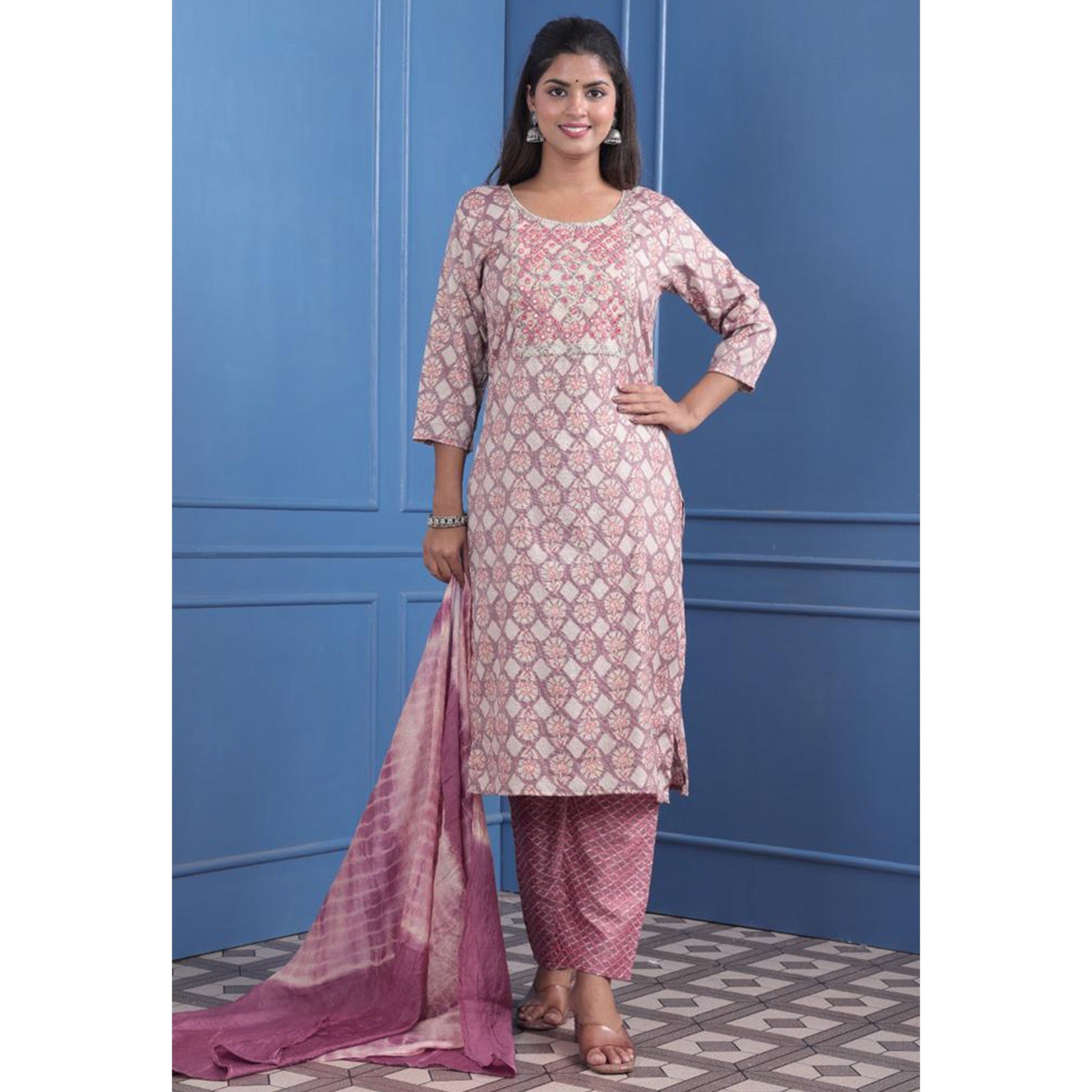 Mauve Floral Printed With Embroidered Rayon Suit