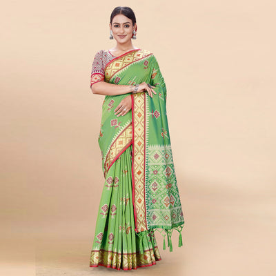 green-woven-patola-art-silk-saree-with-tassels-1