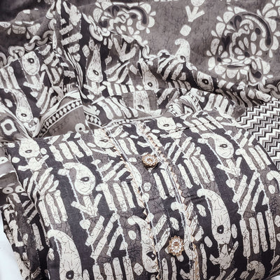 Grey Printed Cotton Blend Dress Material