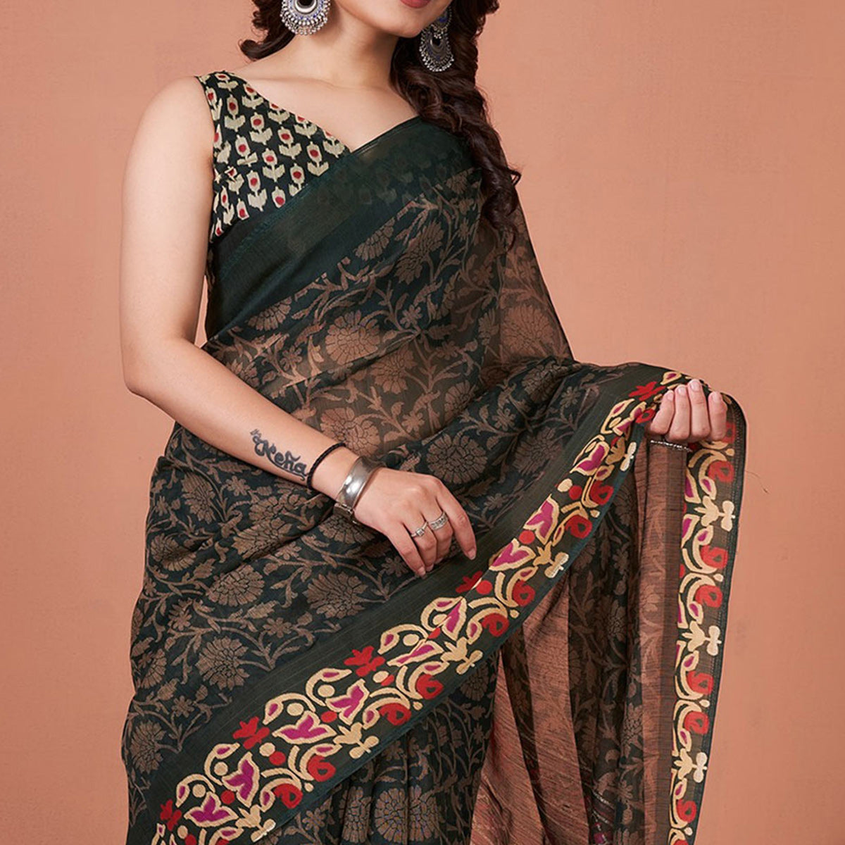 green-floral-printed-cotton-saree-with-tassels
