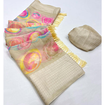 Chikoo Printed Georgette Saree With Tassels