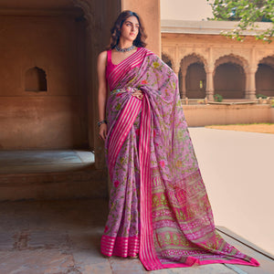 Light Purple Floral Printed Linen Saree