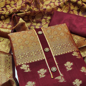 Maroon Floral Woven Banarasi Silk Dress Material