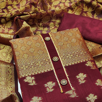 Maroon Floral Woven Banarasi Silk Dress Material