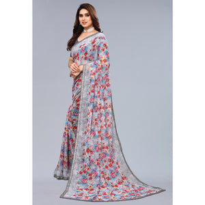 Grey Printed Georgette Saree With Crochet Border