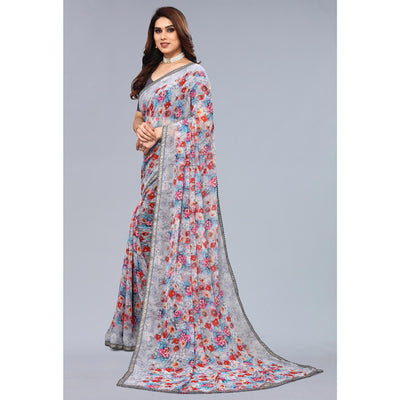 Grey Printed Georgette Saree With Crochet Border