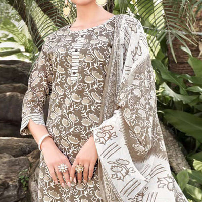 Brown Floral Printed Cotton Blend Suit