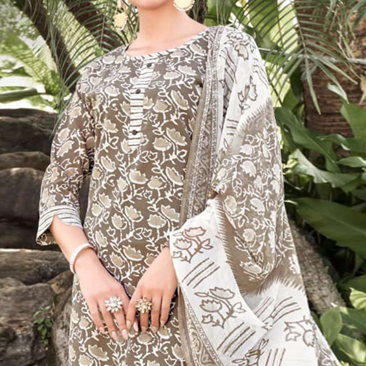 Brown Floral Printed Cotton Blend Suit