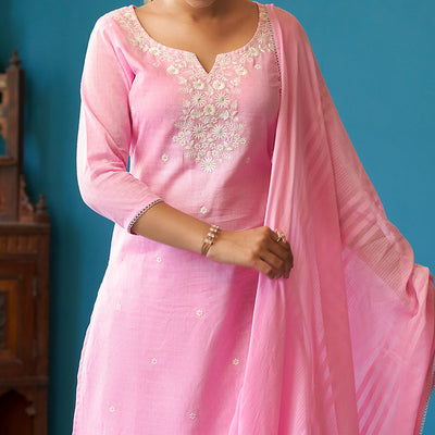 Gajari Pink Floral Embroidered Pure Cotton Suit