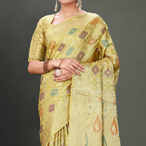 Lemon Green Woven Organza Saree With Tassels