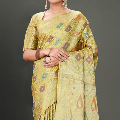Lemon Green Woven Organza Saree With Tassels