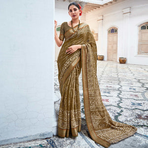 Mehendi Green Printed With Woven Border Cotton Saree