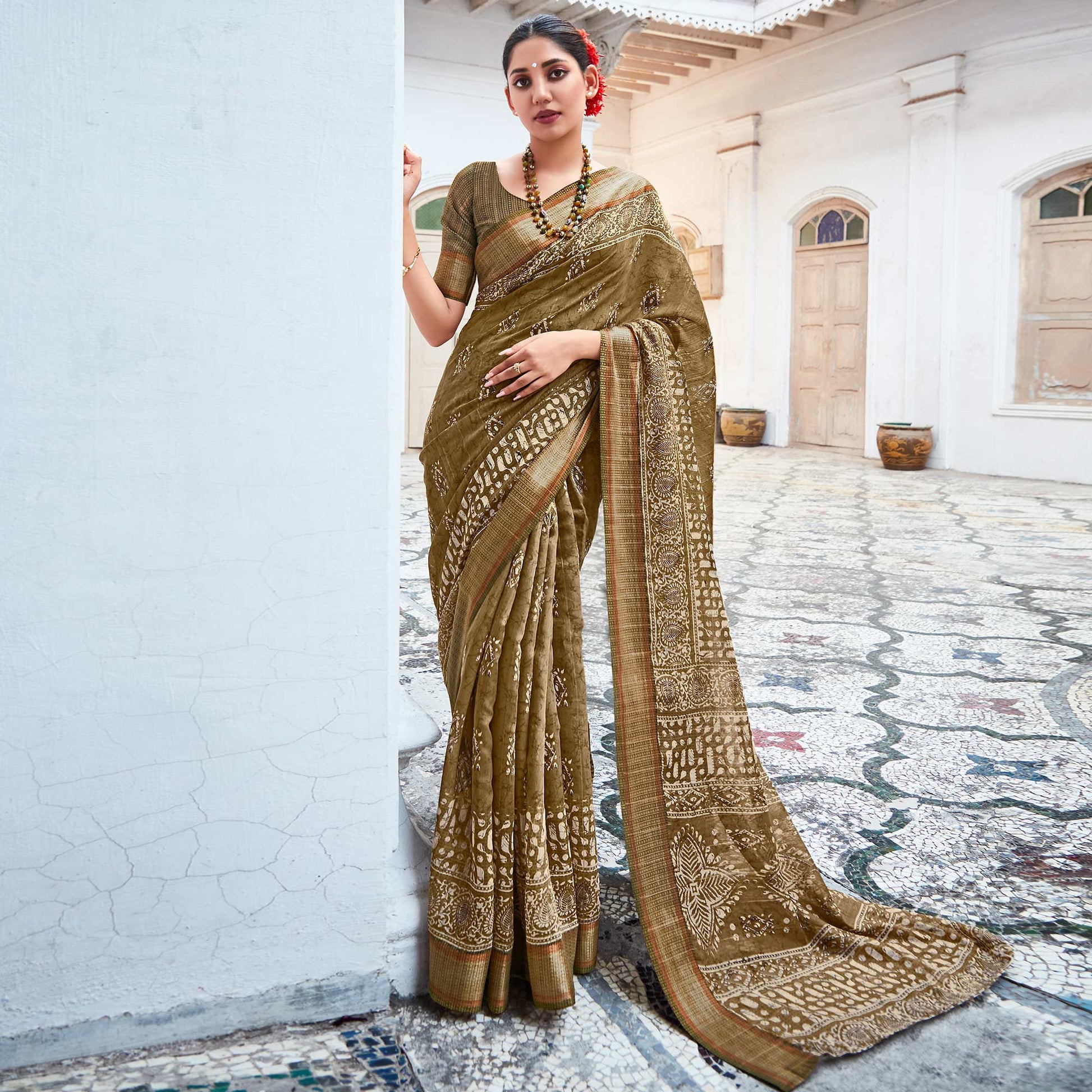 Mehendi Green Printed With Woven Border Cotton Saree