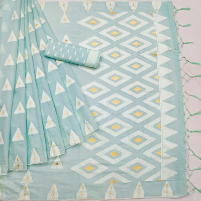 Light Blue Woven Cotton Saree With Tassels