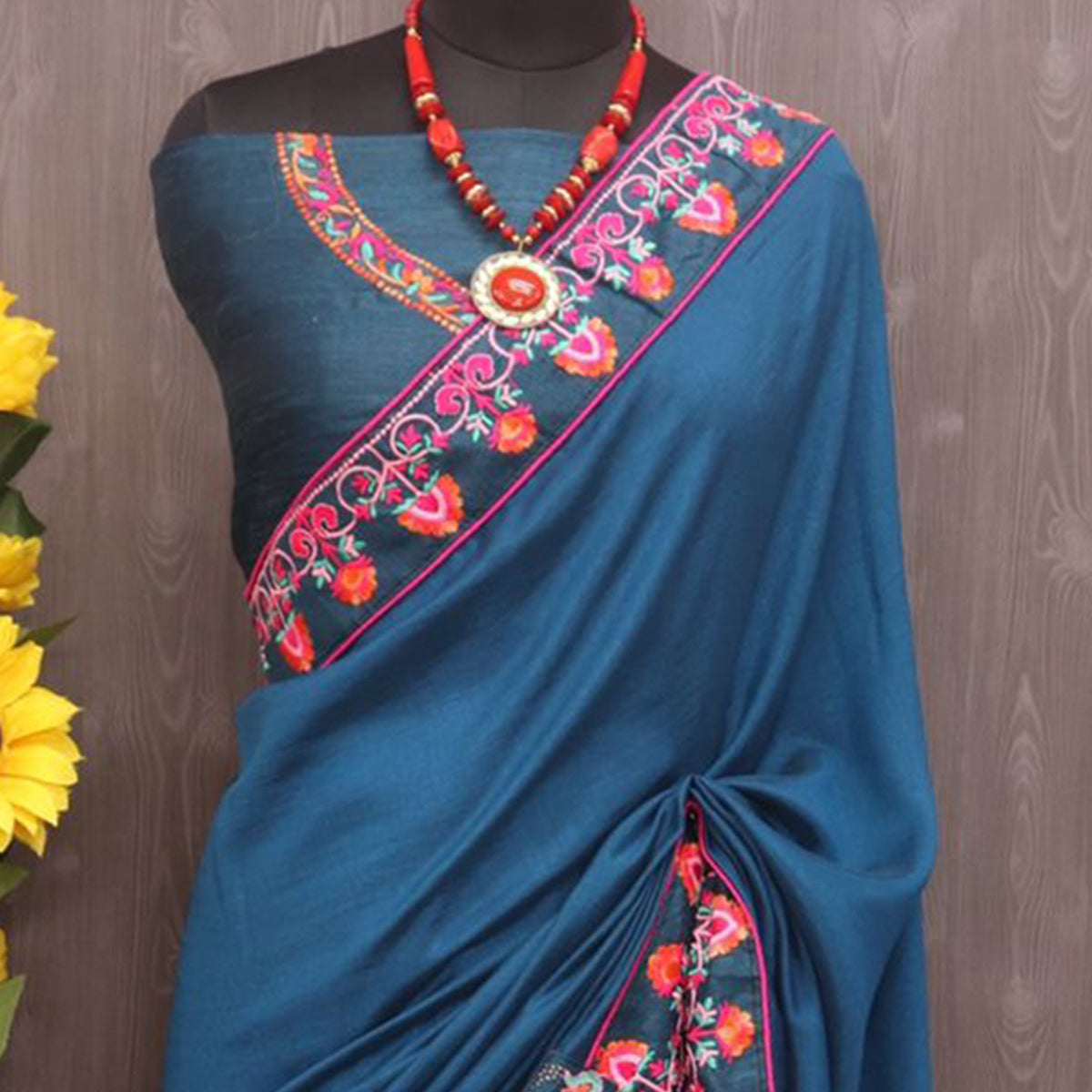 Morpich Floral Embroidered Vichitra Silk Saree