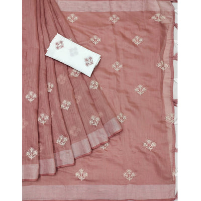 Mauve Floral Embroidered Raw Silk Saree