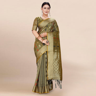 Mehendi Green Woven Organza Saree With Tassels