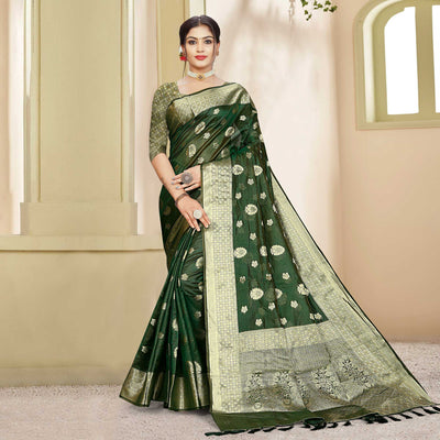 Bottle Green Floral Woven Organza Saree