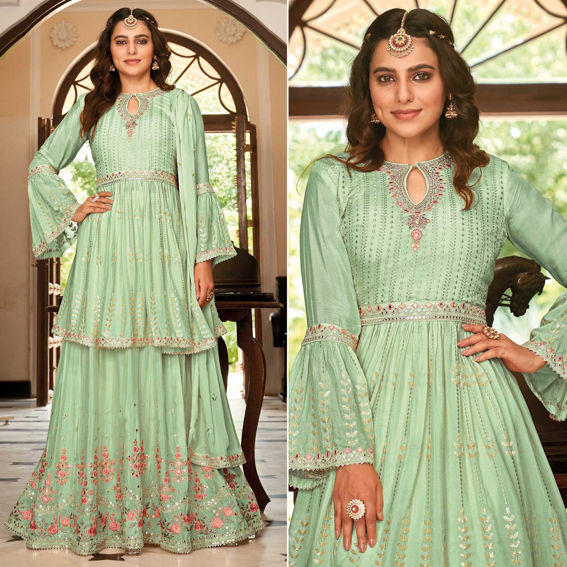 green-floral-sequins-embroidered-chiffon-semi-stitched-sharara-suit