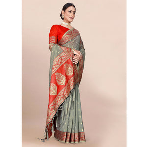 Grey Woven Organza Saree With Tassels