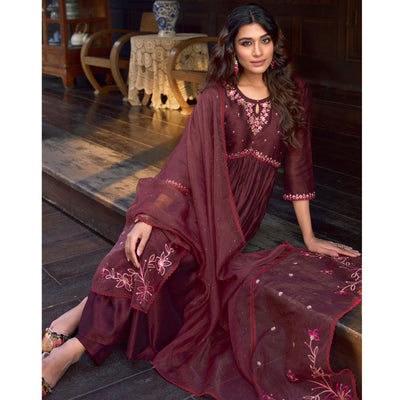 Maroon Floral Embroidered Art Silk Naira Cut Suit
