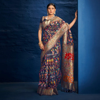 Blue Woven Art Silk Saree With Tassels