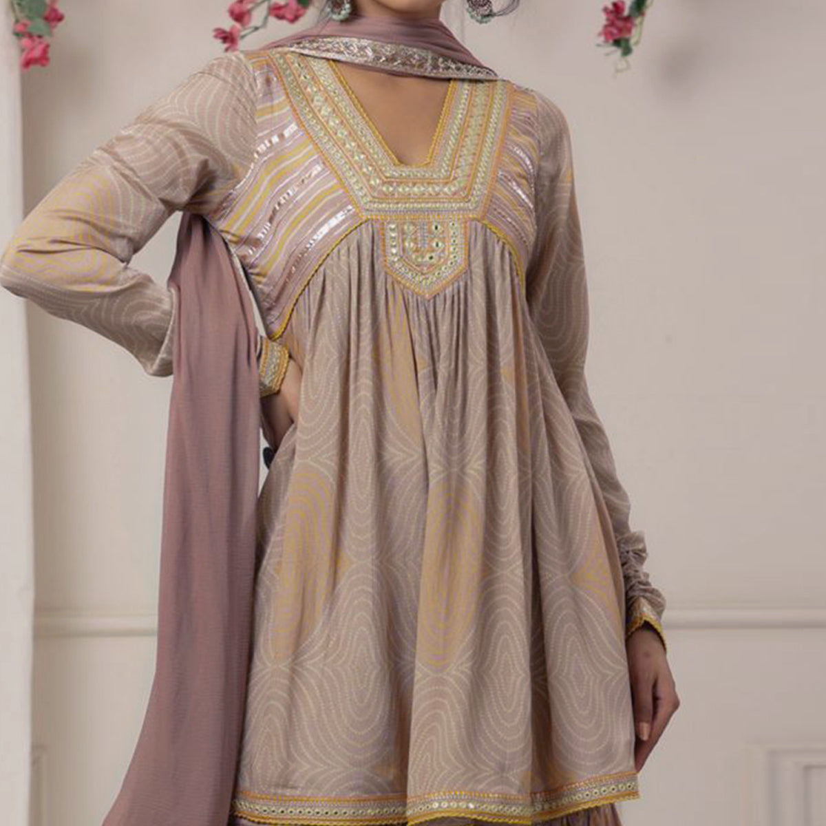Mauve Printed With Embroidered Chiffon Sharara Suit
